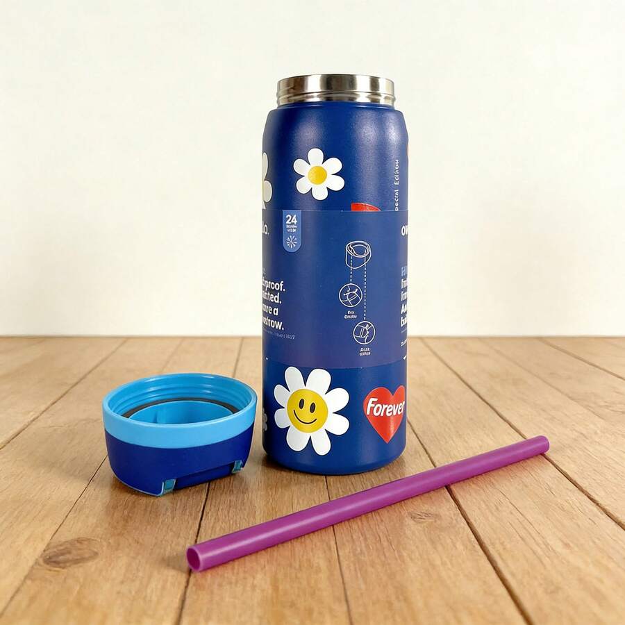 Owal'a 32OZ/945ml Outdoor Sports Water Bottle, Double-Layer Vacuum Insulated Portable Drinking Cup, Travel Ice Coffee Cup, Summer Drinking Ware. It Has A Handle And A Straw, Which Is Very Suitable For Travel, Home Use, And Office Use. It Is Suitable For Small Sipping, Chilled Beverages And Hot Drinks In Summer. - Hoa hướng dương xanh - 32oz - Xem 1