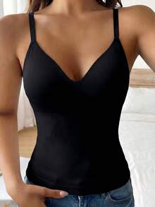 Camiseta moldeadora sin costuras con tirantes ajustables para mujeres, con copas acolchadas y control de abdomen, sin sujetador - Negro - Ver 6