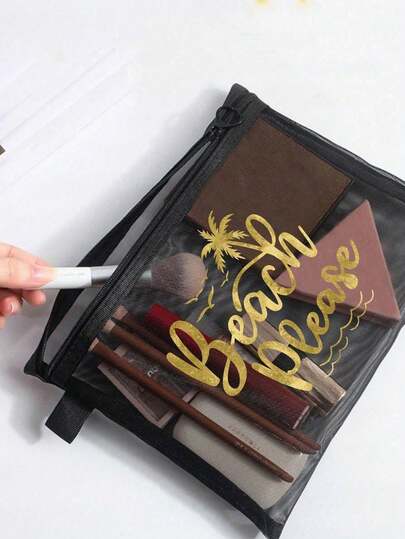 Bolsa de cosméticos de malla transparente, impresa con la serie de playa, almacenamiento de lápiz labial y borla de cojín portátil, bolsa organizadora transparente, bolsa de aseo, bolsa de viaje, decoración del hogar, decoración del baño, sala de estar, dormitorio, organizador de baño, organizador de joyas