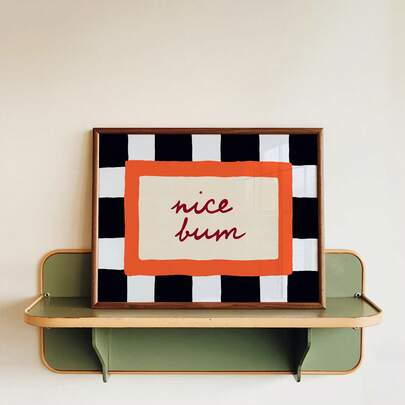 1幅趣味浴室墙面艺术画，手绘美臀帆布印刷画|简约复古美学装饰，适用于卧室、客厅或办公室家居装饰，复古橙黑白格纹现代时髦海报，送给她的礼物，可选择无框或有框