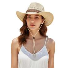 Women Men Straw Cowgirl Hat Western Embroidery Belted Sun Holiday Beach Hiking Cap - 2 - View 5