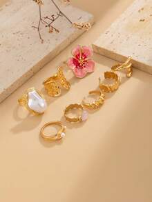 Bộ 8 chiếc nhẫn charm hình giọt nước rỗng, kiểu dáng Bohemian thanh lịch, đính ngọc trai giả hình hoa nhỏ, có thể xếp chồng lên nhau, trang sức nhẹ nhàng sang trọng cho đám cưới, tiệc tùng, ngày lễ, thường ngày, dạo phố, quà tặng cho phụ nữ và các cặp đôi. - nhẫn - Xem 7