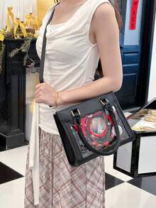 新款日式PU皮透明徽章手提包，优雅女士休闲简约街头通勤手提包单肩斜挎包，可装零食、挂钥匙、收纳明信片，适合动漫展等场合 - 黑色 - 查看 4