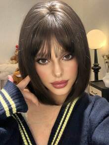 12-Inch Long Synthetic Wig Featuring A Natural Wavy Style In A Stunning Brown.. Designed With Bangs , It Is Crafted From Heat-Resistant Fiber To Ensure Durability. This False Hairpiece Is Perfect For Daily Use, Offering A Natural And Realistic Appearance That Mimics Real Human Hair - Brown - View 2