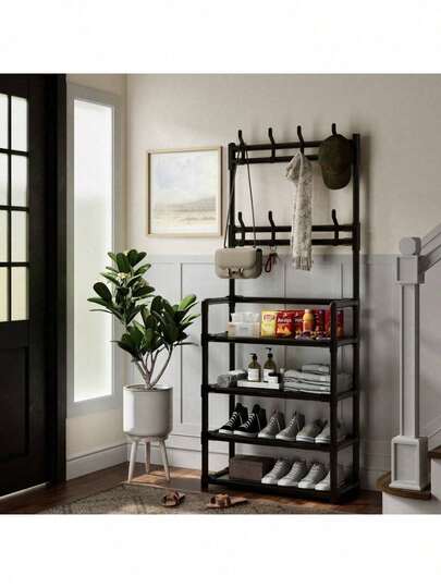 1pc Multi-Function Entryway Storage Organizer Rack, With Hooks, Shoe Rack And Hanging Rod, Made Of Durable Plastic And Metal, Can Store Bags, Hats And Umbrellas, Suitable For Home Entryway, Hallway And Small Spaces, Entryway Storage Bench, Space-Saving Home Organizer