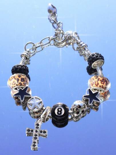 1pc Black 8 Ball Charm Bracelet, American Street Vintage Star Bracelet, Vintage Heart Star Bracelet