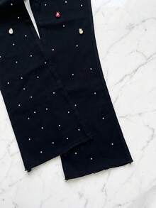 pthirillo Women's Black Flare Jeans With High-Waisted Butt-Lifting Effect And Rhinestone Detail. - 彩色水鑽和水鑽混合物 - 查看 5