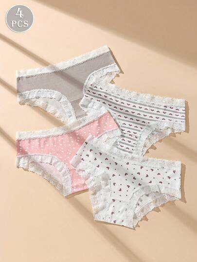 4条装蕾丝拼接甜心印花三角裤，柔软舒适弹力女士内裤