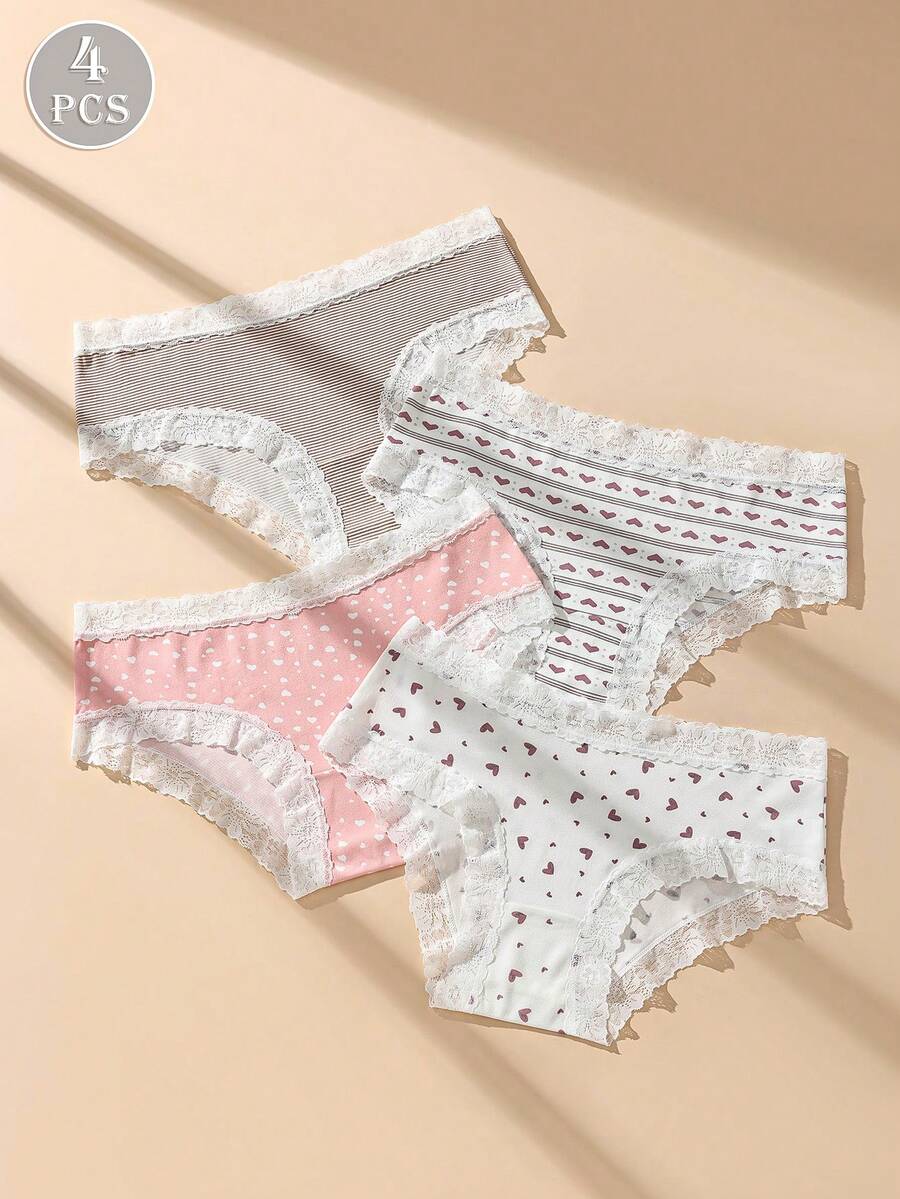 4 Stück Spitzen-Patchwork Herz-Muster Slips, weiche, bequeme und dehnbare Damen Unterwäsche - Verschiedenfarbig - Übersicht 1