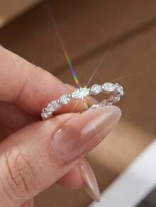 1枚2毫米马眼形和圆形切割结婚戒指，半永恒戒指，半圆形钻石戒指，可叠戴戒指，单爪镶嵌结婚戒指 - 銀色 - 查看 5