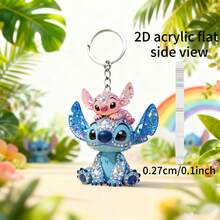 [2D Flat] Disney - Stitch And Angel Keychain. Premium Diamond Texture Acrylic Keychain With Clear Printing. Couple Pendant Suitable For Student Backpacks, Handbags, Keychains, Etc. Perfect Valentine's Day Gift - Multicolor - View 2
