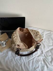 Hollow Straw Woven Bag, Beach Vacation Tote Bag, Handmade Woven Shoulder Bag, Straw Bag - Beige - View 6