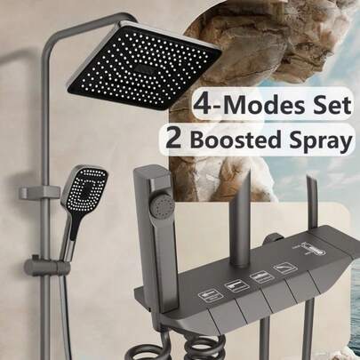 Juego de grifería de ducha 4 en 1 negro mejorado con cabezal de ducha de lluvia, rociador de mano, caño de bañera y válvula mezcladora, diseño moderno montado en pared para una instalación fácil