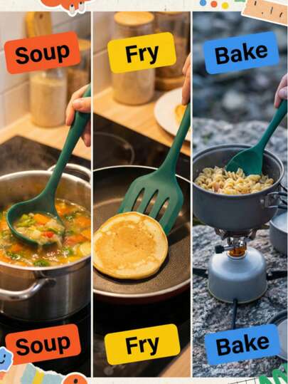 High-Temperature-Resistant Silicone Kitchenware Set Of Five Pieces: Easy To Clean And Store. Suitable For Cooking Stir-Fries, Making Soups, Scooping Food, Wiping Sauce, And Daily Cooking. It Is Suitable For Family Meals And Festive Gatherings. A Must-Have Kitchen Tool.