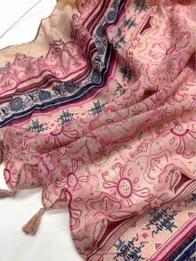 1pc Simple Printed Scarf, Lightweight & Breathable Tassel Shawl, Elegant & Fashionable Design For Women, Versatile Silk Scarf For Spring/Summer, Outdoor Sun Protection Beach Wrap, Headscarf For Dress - 咖啡棕色 - 查看 2