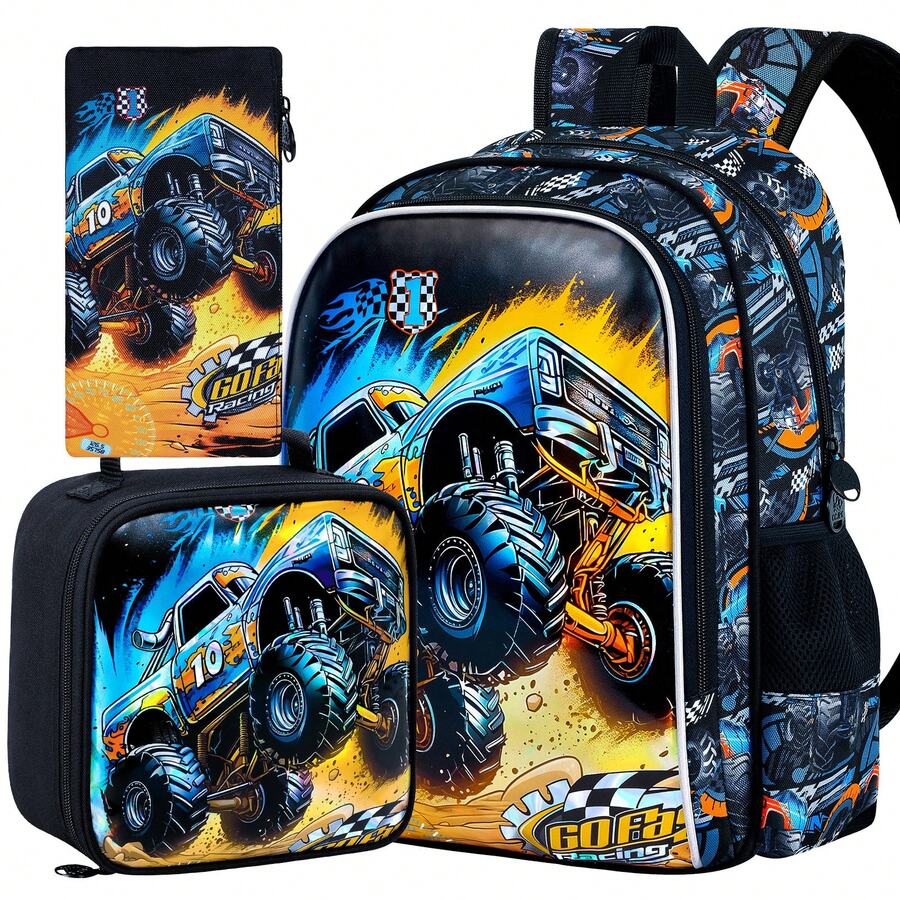 3Pcs Boys Off-Road Racing Print Backpack Set - Insulated Lunch Bag & Pencil Case With Zipper Closure, Street Style School Bag For Back To School - Black - View 1