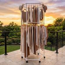 Hexagonal Clothes Rack – Double Layer Rotating Floor Standing Garment Rack With Wheels, 360° Rotatable Heavy-Duty Clothes Hanger For Home, Apartment, Dormitory - White - View 1