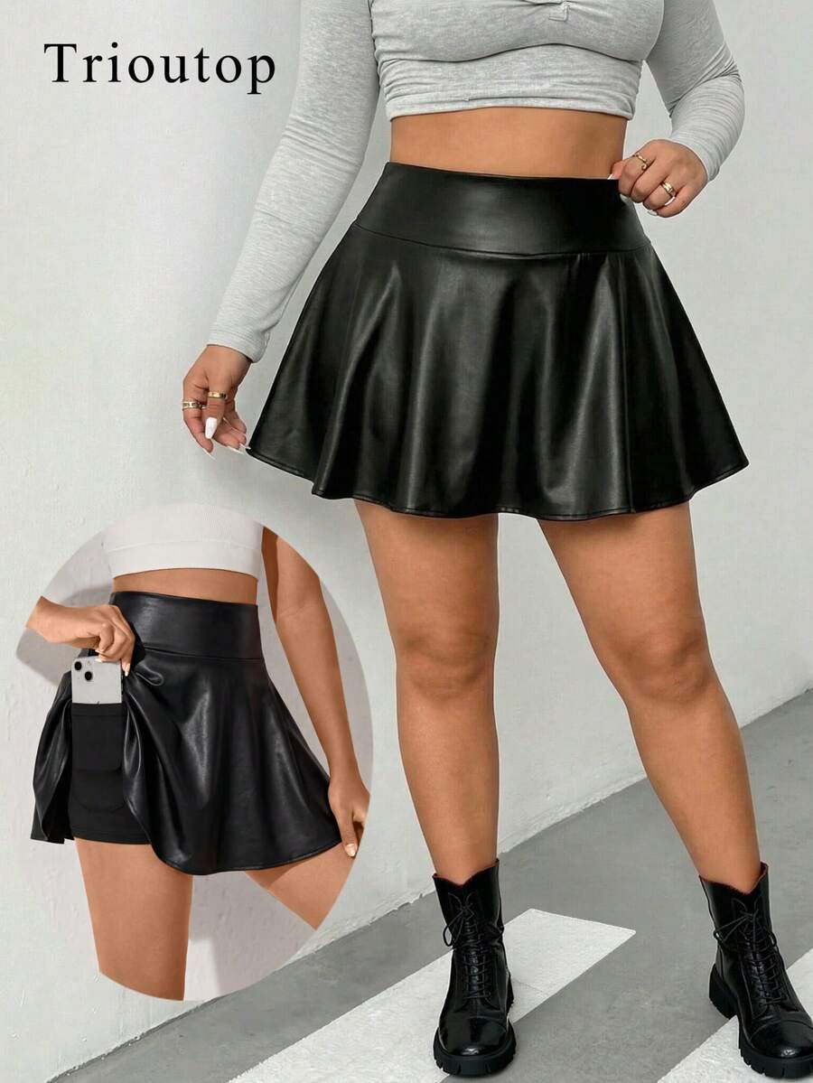 Spódnica mini z czarnej sztucznej skóry w rozmiarze plus size, rozciągliwa, ciepła, wiosenna - Czarne - Zobacz 1