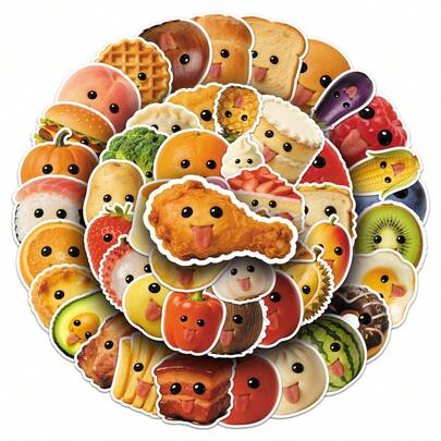 60 piezas de divertidos adhesivos con forma de comida con expresiones humorísticas y poses vívidas, adecuados para decorar botellas de agua, guitarras, equipaje, fundas de teléfono, portátiles, patinetas y talla grande. Un gran artículo de regalo ya que los adhesivos son resistentes al agua.