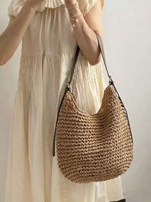 2025新款镂空单肩包，大容量沙滩编织手提包，适合度假 - 卡其色 - 查看 6