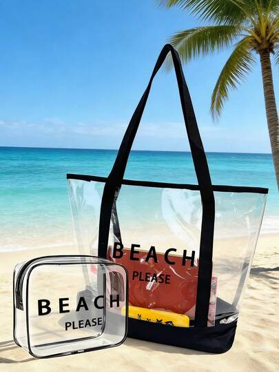 这款沙滩手提包，“Beach Please”字母印花PVC透明沙滩包，大容量，防水ins风果冻包。简约大容量单肩包、手提包、便携化妆包、休闲收纳包、多功能购物袋、个性化礼品袋、游泳包、午餐包。