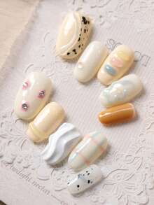 10pcs Press On Nails Almond Nails Cream Yellow White Press On Nail Supplies Fake Nails Short Office DailyWear False Nails Artificial Nails Kit Includes 1sheet Adhesive Tabs &1 Pc Mini File - Multicolor - View 4