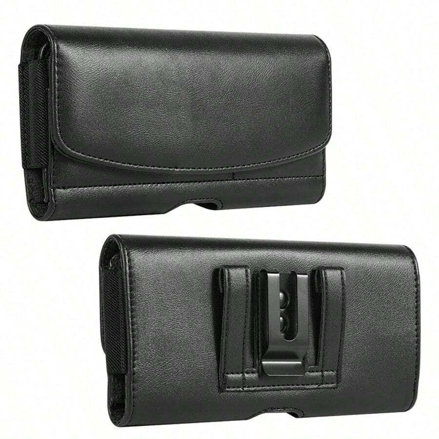 1 件黑色荔枝纹垂直手机腰包，男士手机腰包，通用智能手机腰包，带扣手机皮套 - 黑色 - 查看 1