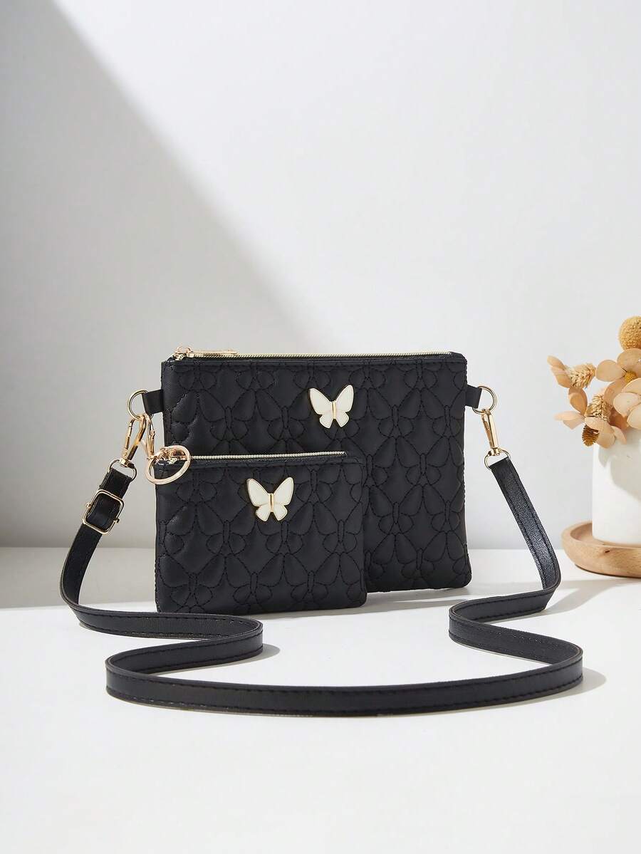 2pcs/Set Quilted Diagonal Crossbody Bag, Butterfly Shoulder Bag, Phone Pouch & Coin Purse - Black - View 1
