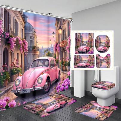 1件/3件/4件装浪漫法式巴黎街景复古粉色汽车多功能浴室装饰浴帘套装，赠送12个挂钩，营造优雅假日氛围，包含浴室地垫、U型马桶垫和圆形马桶垫，适用于各种场景的浴室套装