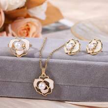 1pc New Luxury Light-Style French Multi-Purpose Pearl Peony Stud Earrings, Necklace And Ring Set - The Peony Pendant Necklace Is Suitable As A Gift Set For Your Girlfriend Or Best Friend. - Camellia Three-piece Set - View 6