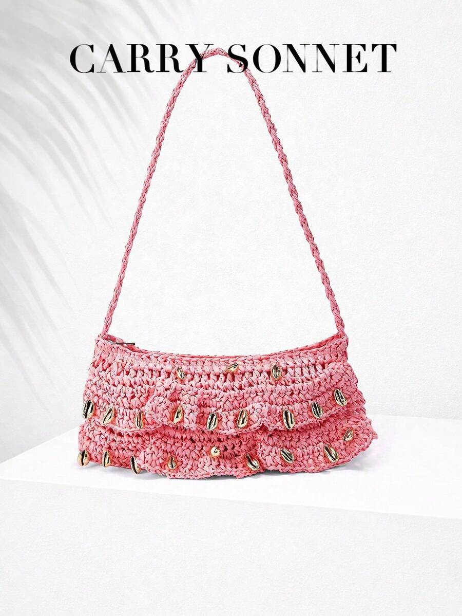 Women's Straw Shoulder Bag, Summer Straw Beach Bag, Small Straw Clutch Purse, Can Be Used As Phone Wallet, Sweet & Fashionable, Lightweight & Versatile, Ideal For Daily Outings. Women's Wallet And Handbag, Summer Women's Bag, Women's Purse, Holiday Essential, Travel Essential - Hồng - Xem 1