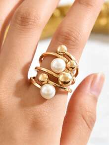 1pc Fashionable, Sexy, Elegant Vintage Globe Hurricane Spherical 18K Gold-Plated Metal Ring Face, Open Ring. Also Available: Vintage Closed Loop Floral Gemstone Ring, Hip Hop Lion Head Closed Ring, Delicate Glass Crystal Designs, Suitable For Women's Daily Wear And Gifting - Gold + White - View 3