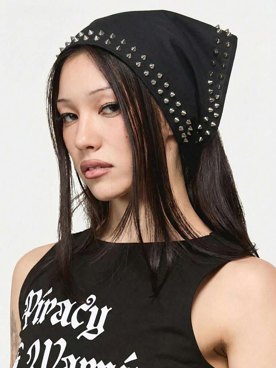 1pc Fashionable Punk Style Triangle Scarf Headband, Gothic Headpiece, Elastic Hair Band, Versatile For Daily Wear - Black - View 1