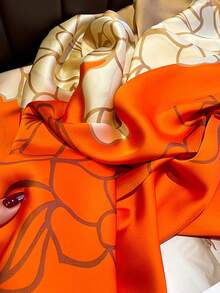 1pc Women's Orange Rose Print Faux Silk Scarf, Can Be Used As Headwear, Neck Warmer, Or Dress Accessory - Orange Roses - View 3
