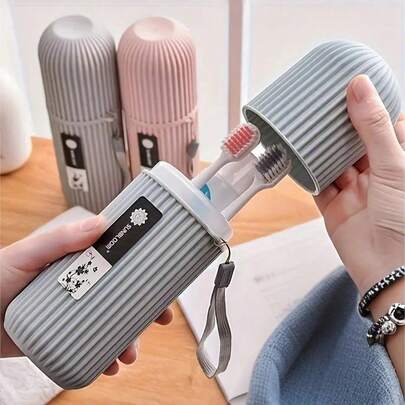 Estuche portátil para guardar cepillo de dientes y pasta de dientes para viajes, soporte para cepillo de dientes con cordón, adecuado para camping, viajes de negocios, uso doméstico - Rosa
