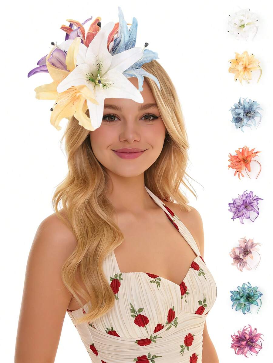 1Pc Flower Fascinators For Women Tea Party Floral Headband Church Kentucky Cocktail Derby Hats For Wedding Costume,Beach Clothing Outfits,Summer Accessories - Multicolor - View 1