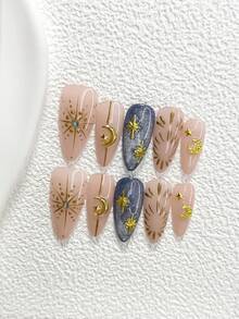 10Pcs Flashing Cat Eye Polygel Nail Set,Acrylic Press-On Nails,Golden Starlight, Moon,Silver Starbursts Adorned With Diamonds,Blue Nail Polish,Includes Nail Tools,3 Sizes Available,Almond Nails , Duck Nails,Coffin Nails For Party, Dance, Daily Wear - 彩色 - 查看 15