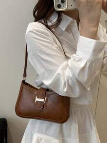 优雅新月形女士腋下包，时尚休闲纯色腋下包 - 棕色 - 查看 4