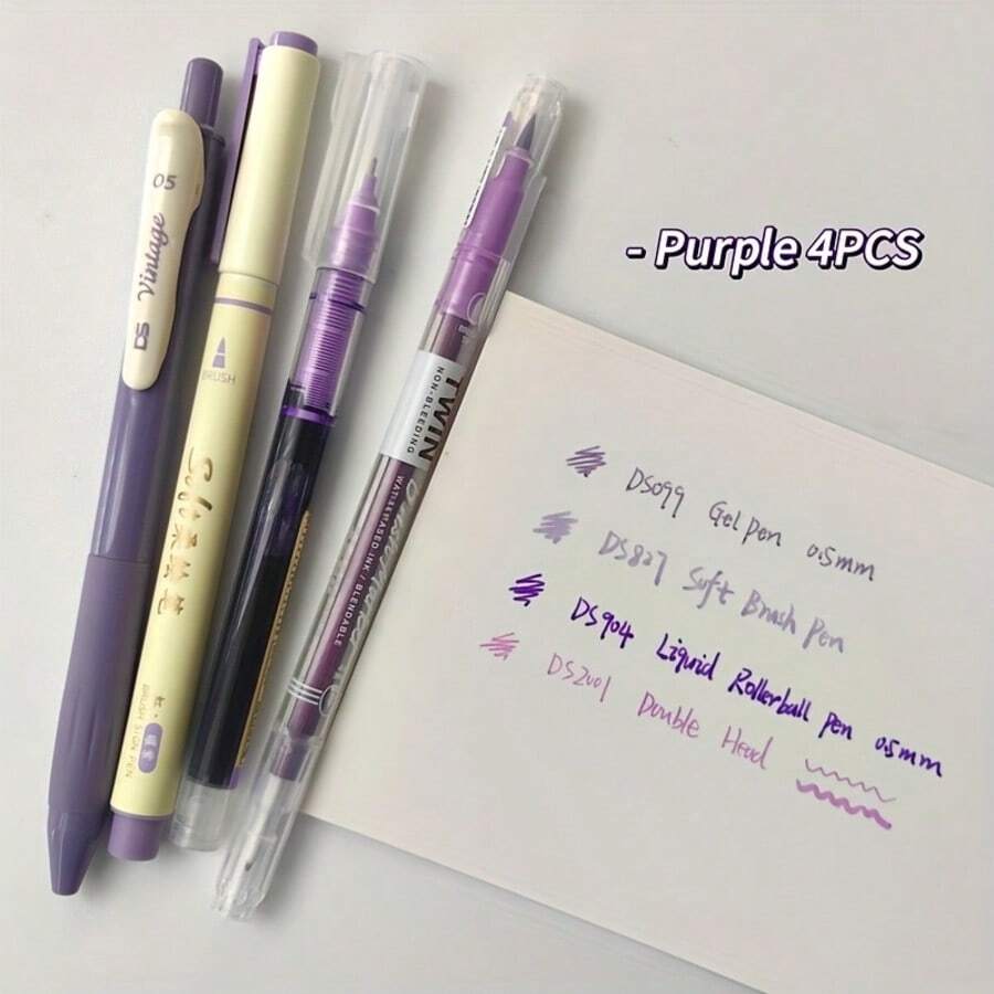 【软头书法笔】4支装彩色软头书法笔 | 复古彩色毛笔,多种笔尖可选,0.5mm细线绘图高光笔,学生返校必备,点描笔 - 套裝 - 查看 1