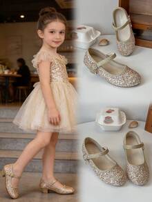 Giày cao gót lấp lánh hiệu JADE dành cho bé gái - Màu vàng và hồng đính sequin, khóa cài đính đá quý, gót thấp. - Vàng - Xem 3