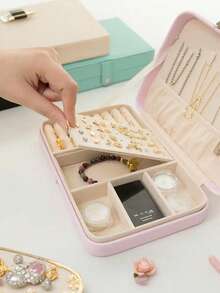 1个高品质大容量首饰收纳盒，便携式旅行首饰收纳盒，女士礼盒，防水PU皮革首饰收纳盒，化妆品收纳盒，小型首饰盒，戒指、项链和手镯收纳盒，首饰展示盒，旅行收纳盒，旅行必备品，女士礼物，节日礼物，圣诞礼物。 - 彩色 - 查看 5