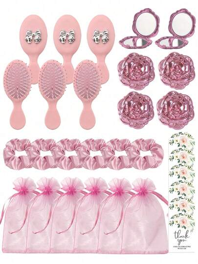 5/30pcs Bridal Party Wedding Favors, Pink Valentine's Day Mini Rose Folding Mirror, Bow Hair Scrunchies, Drawstring Pouch And Thank You Cards (5pcs/Set, 30pcs/6sets), Birthday Party Gifts, Back To School Gifts, Gifts For Family, Friends, Girlfriend, Mom, Suitable For Daily Use