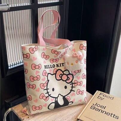 1pc KT Cat Cartoon Canvas Tote Bag, Large Capacity Women Student Shoulder Handbag, Removable Cute Canvas Shoulder Bag, Fashion Women Tote Bag, Multifunctional (May Have Loose Threads Due To Production), Bohemian Style (No Pendant)