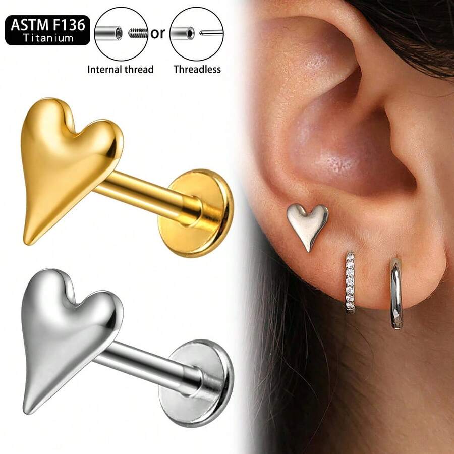 1pc ASTM F136 Titanium 16/18G Sharp Heart-Shaped Cartilage Tragus Labret Lip Stud Earring Helix Conch Flat Back Threadless/ Internal Thread Stud Piercing Jewelry For Women Men - Heart-shaped - View 1
