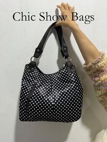 Bolso de lona con lunares 2025, bolso de hombro para ir al trabajo para mujer, bolso grande de capacidad, bolso casual de debajo del brazo - Negro - Ver 1