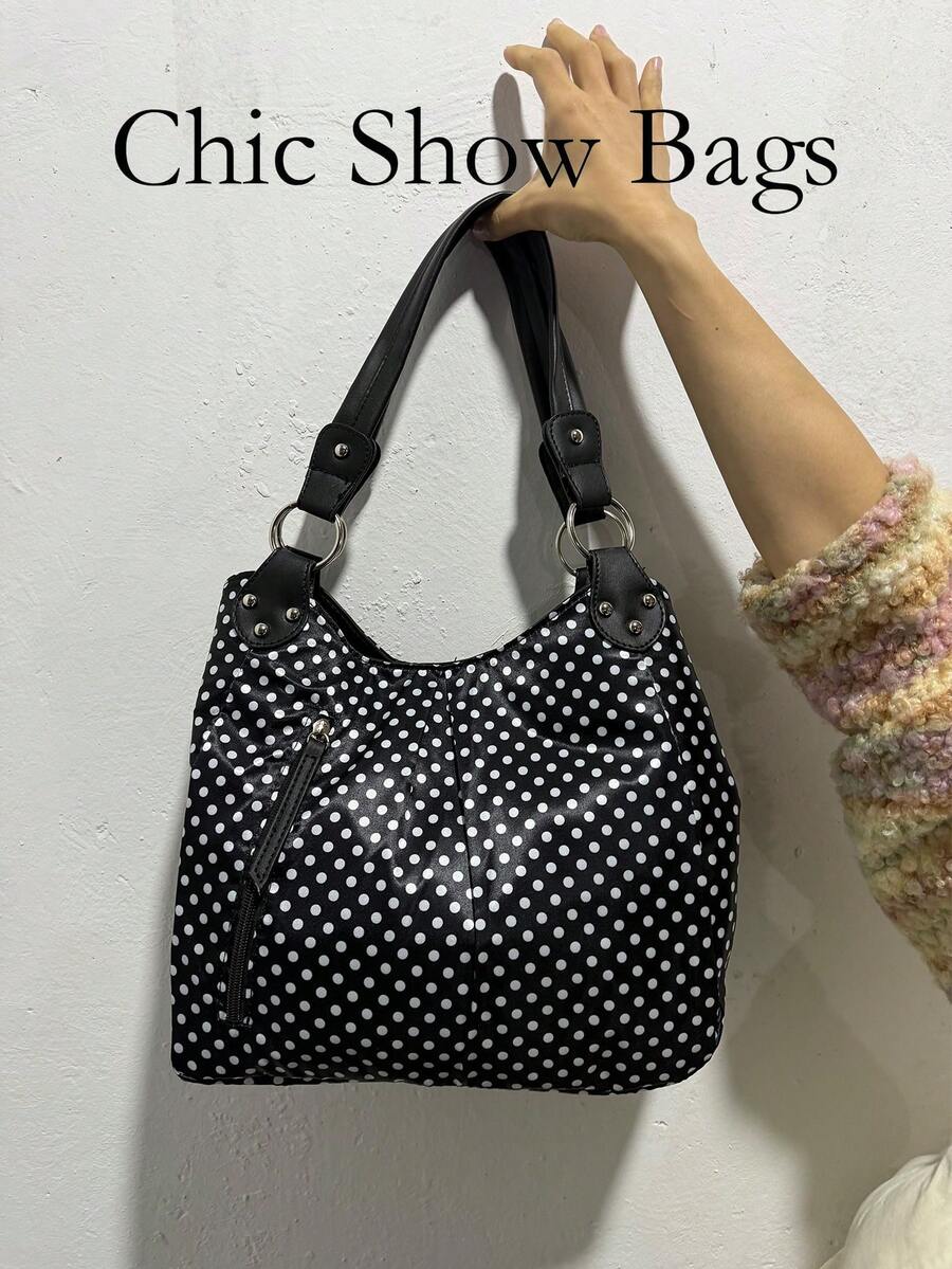 Bolso de lona con lunares 2025, bolso de hombro para ir al trabajo para mujer, bolso grande de capacidad, bolso casual de debajo del brazo - Negro - Ver 1