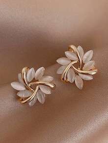 2pcs Minimalist Geometric Flower Faux Cat Eye Stone Stud Earrings, Cute & Fashionable Earrings For Women - Yellow Gold - View 4