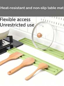 Kitchen Narrow Pot Lid Storage Mat & Utensil Holder, Heat Resistant Silicone Stove Top Organizer Pad, Long Strip Spatula Spoon Rest With Draining Grooves, Anti-Scald Non-Slip Countertop Drying Rack, Keep Kitchen Counter Clean & Tidy - Multicolor - View 3