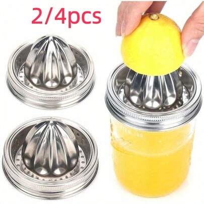 2/4个装手动榨汁盖，适用于梅森罐 - 采用201不锈钢材质，防锈，适用于罐装水果、柠檬、柑橘类水果、果酱等。手动榨汁盖，柠檬橙汁榨汁器