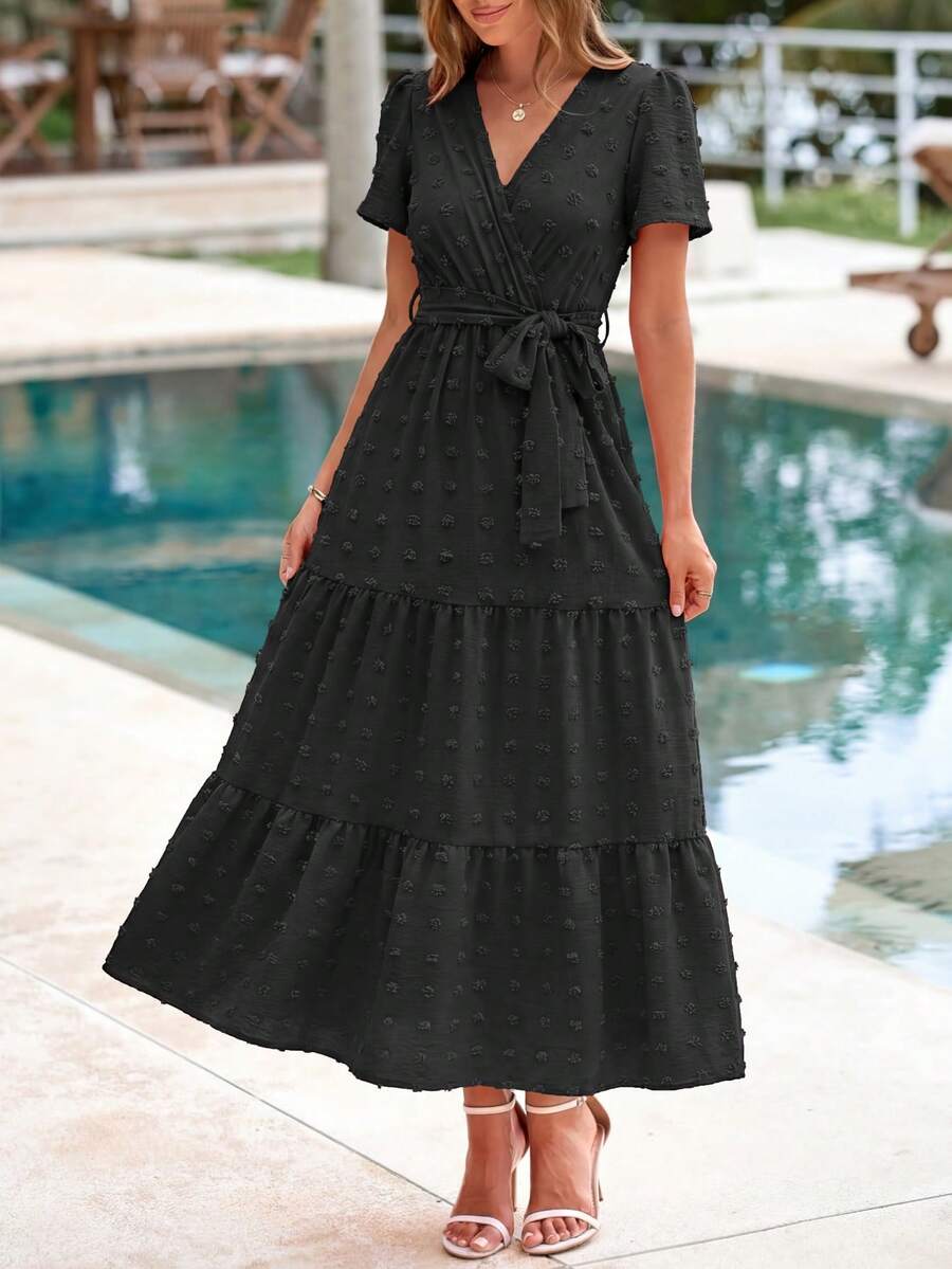 Women's Summer Clothing Dresses Dot Maxi Wrap V Neck Flutter Short Sleeve Boho Casual Long Wedding Dresses - 黑色 - 查看 1